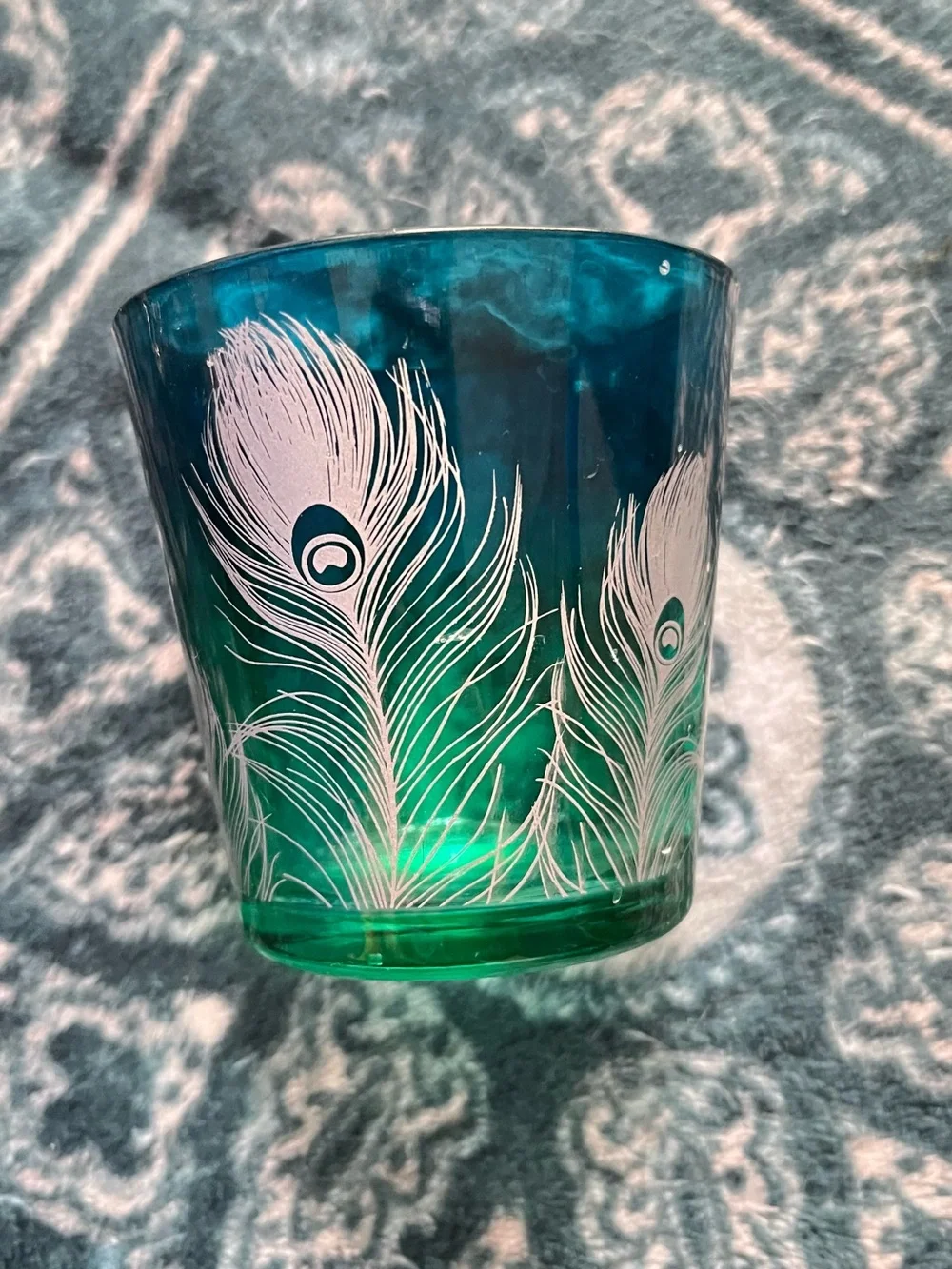 Green and Blue Peacock Feather Glass Votive Candle Holder